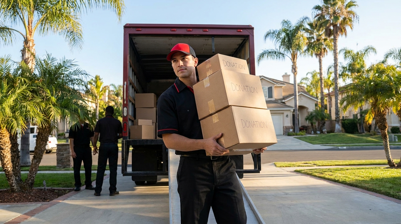 Donation boxes being loaded during an Oceanside junk removal job