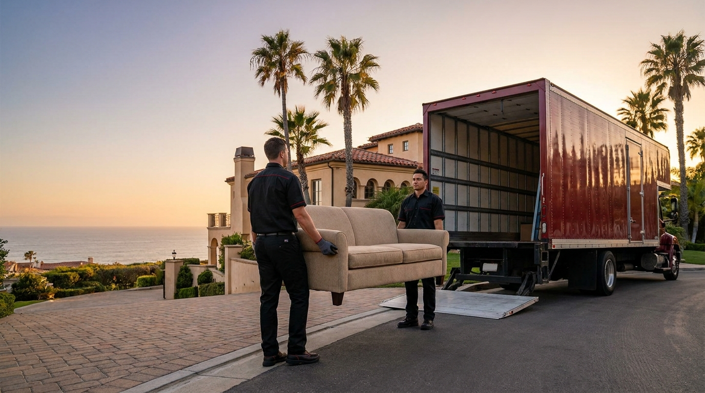Elite crew carrying a sofa to the truck in Oceanside